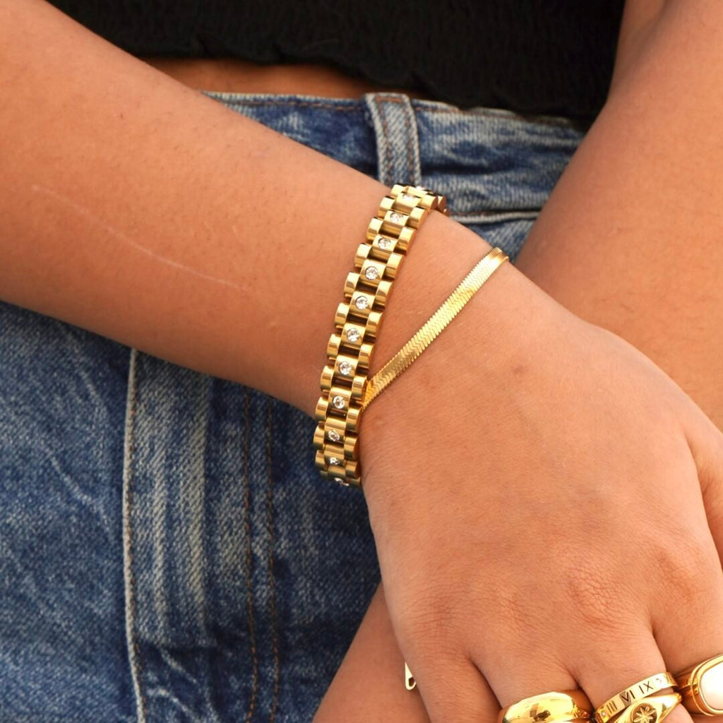 Koko Bracelet — substantial gold-plated bracelet, flat lay