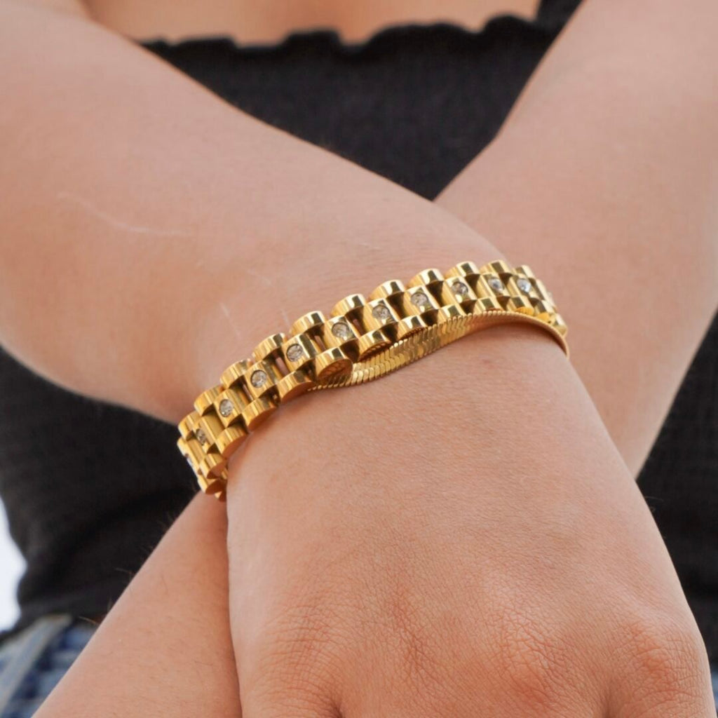 Koko Bracelet — wide gold zircon bracelet worn on the wrist