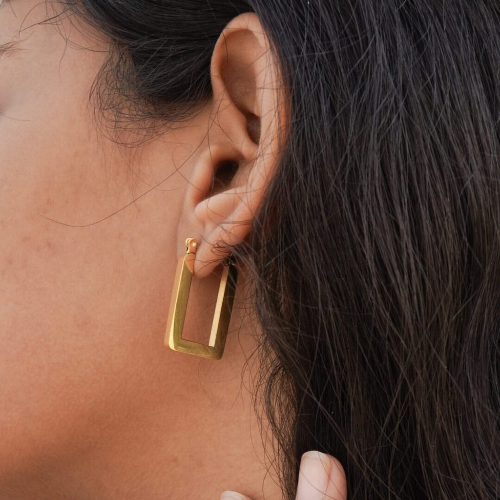 Square U Hoops — close-up of squared corners on gold-plated hoop