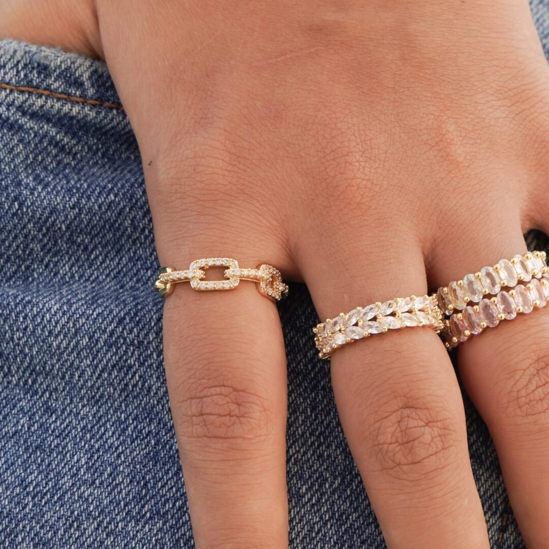 Link Ring White — adjustable zircon ring, side view