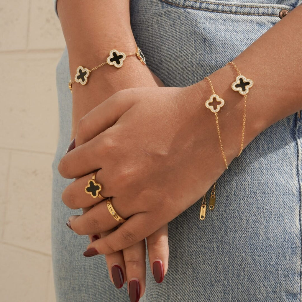 Clover Bracelet — gold-plated clover bracelet worn on the wrist