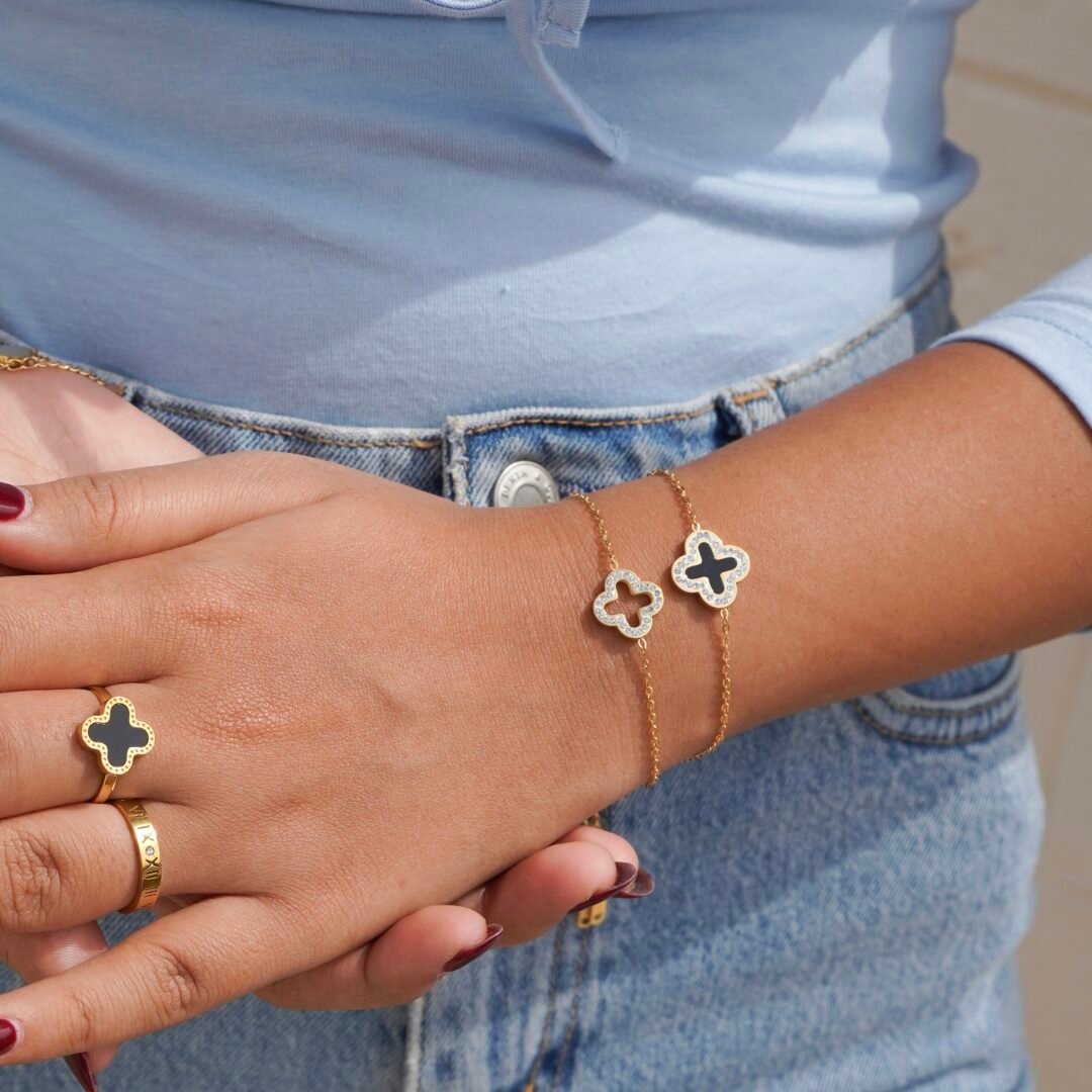 Clover Bracelet — clover motif bracelet in 14k gold-plated stainless steel, front view