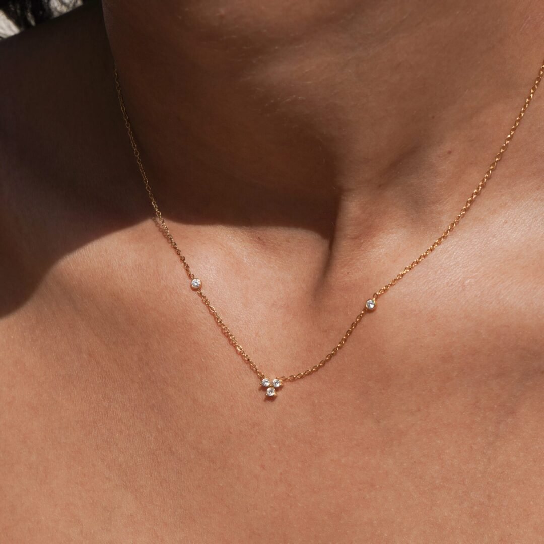 Lucky — zircon pendant necklace worn at the collarbone