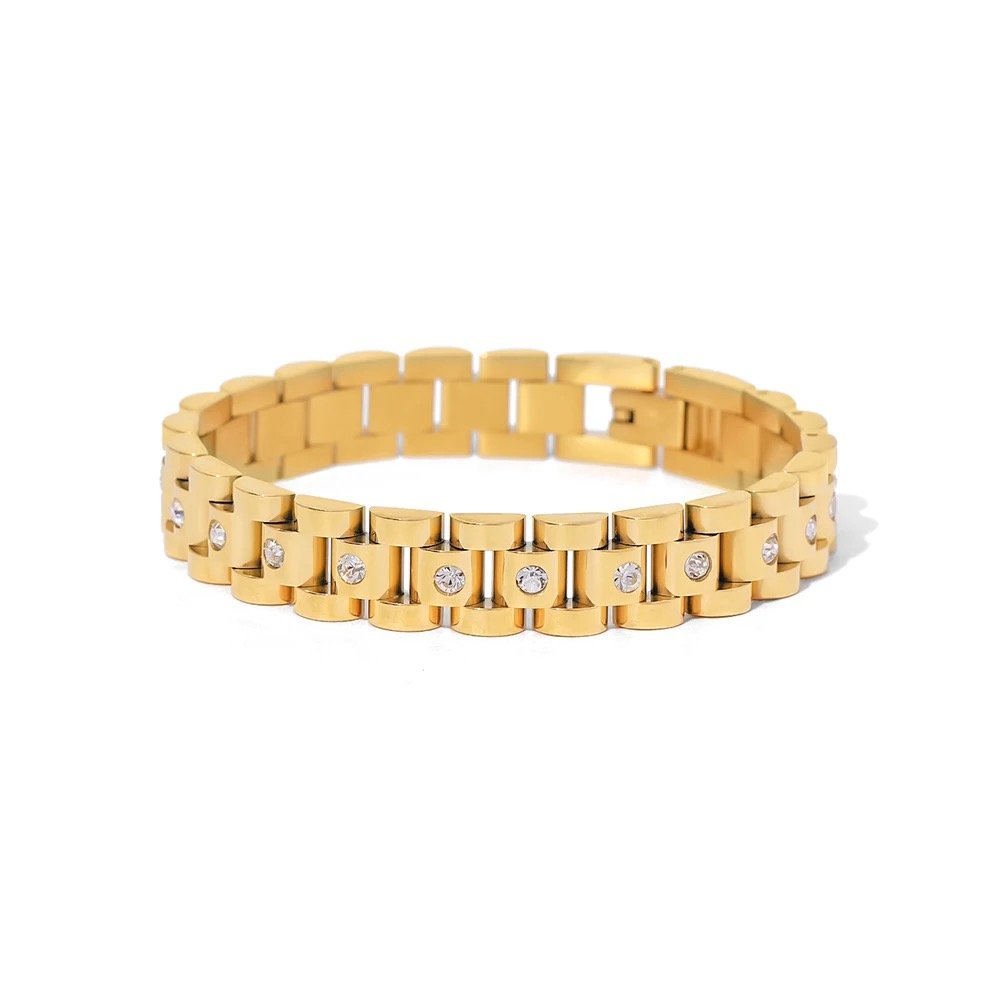 Koko Bracelet — wide cubic zircon bracelet in 18k gold-plated stainless steel, front view
