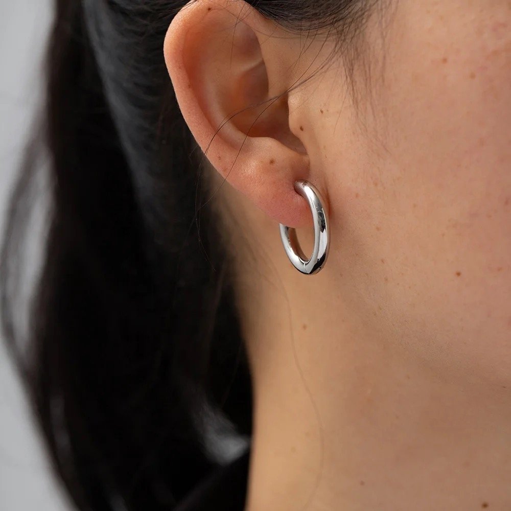 Basic Silver Hoops — silver-plated hoop earrings, side angle