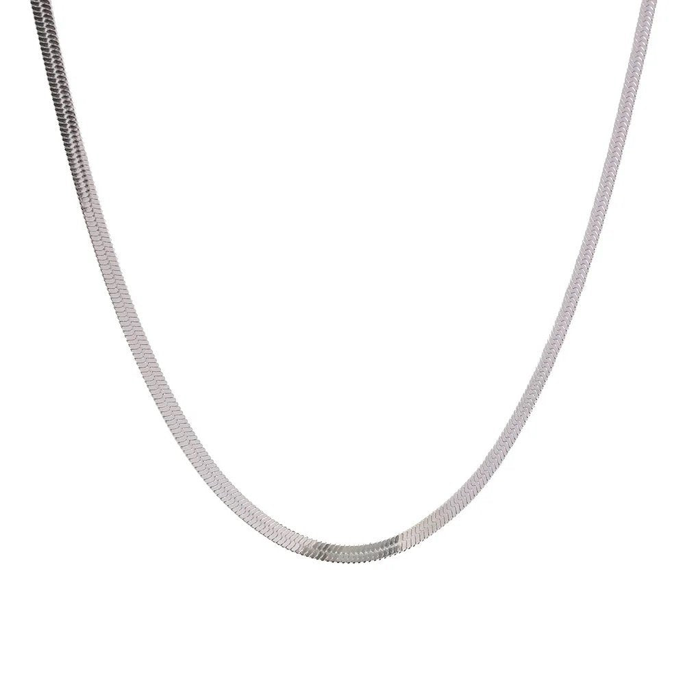 Snake Chain Silver — flat snake chain necklace in silver-plated stainless steel, front view