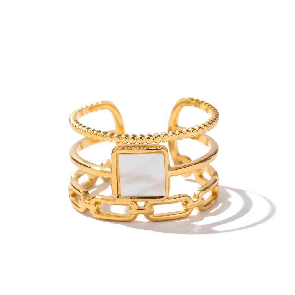 Mabel — simple adjustable gold band ring in 18k gold-plated stainless steel, front view