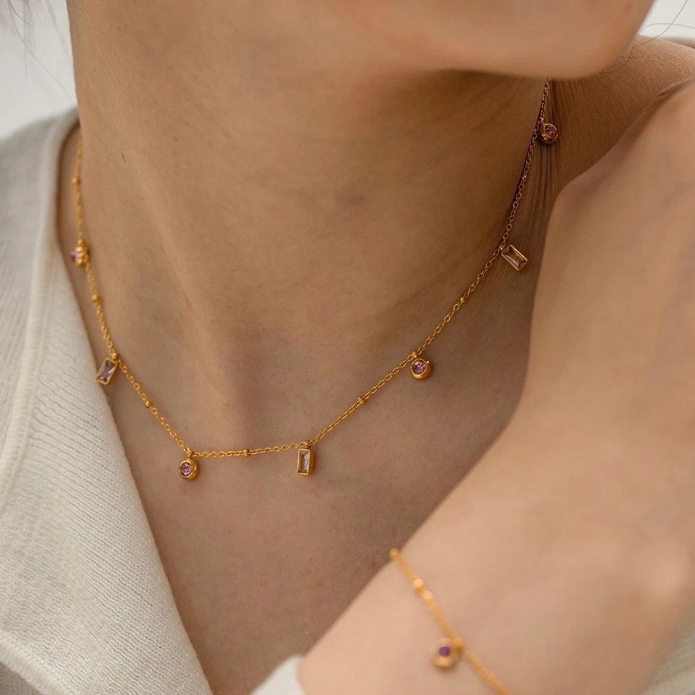 Rosy Necklace — floral zircon pendant worn at the collarbone