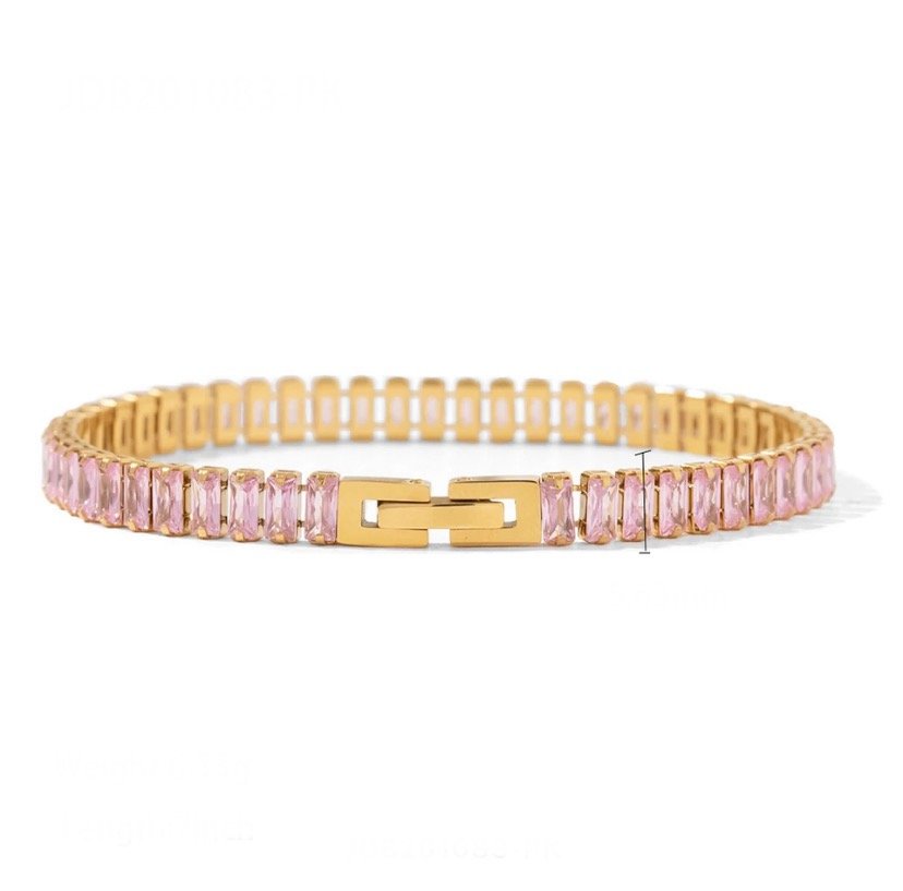 Pink Tennis Bracelet — pink zircon tennis bracelet in 18k gold-plated stainless steel, front view