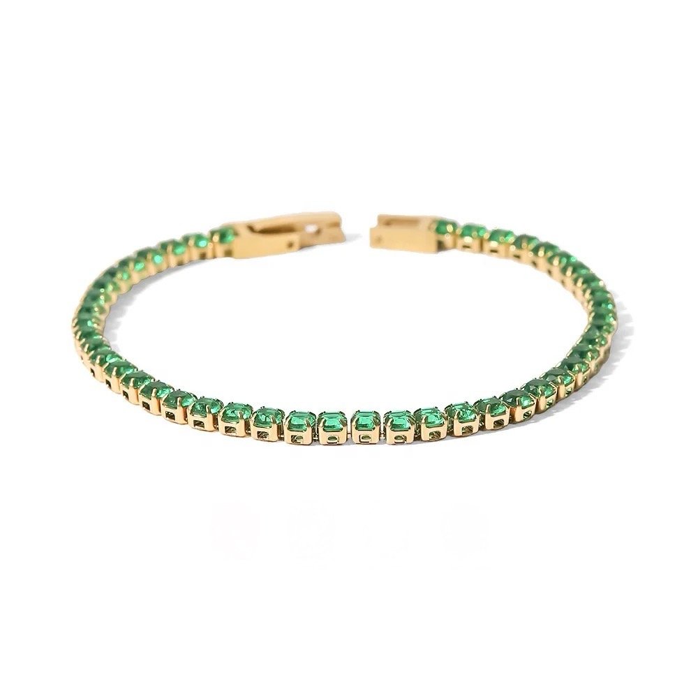 Green Tennis Bracelet — green zircon tennis bracelet in 18k gold-plated stainless steel, front view