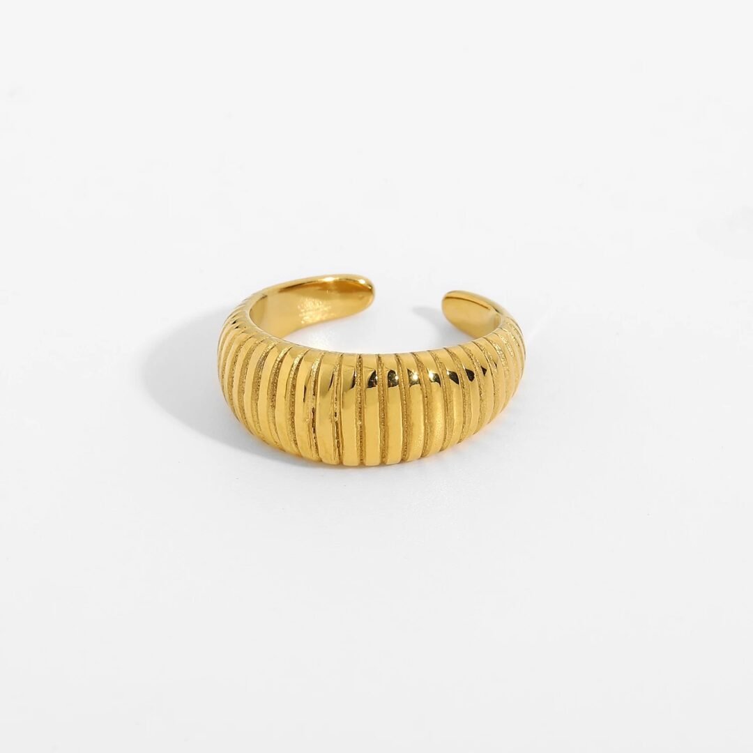 Stripe Ring — striped wide band ring in 18k gold-plated stainless steel, front view