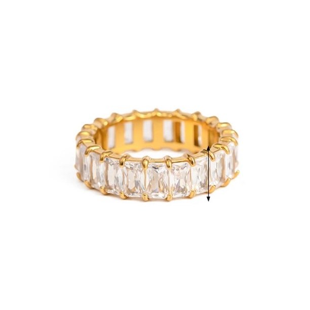 Frozen Ring — baguette-cut zircon ring in 18k gold-plated stainless steel, front view