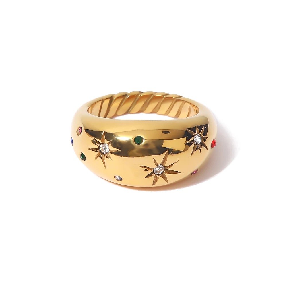 Nebula Ring — zircon cluster ring in 18k gold-plated stainless steel, front view