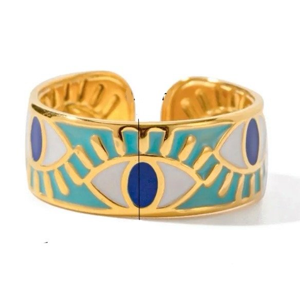 Evil Eye Ring — adjustable evil eye ring in 18k gold-plated stainless steel, front view