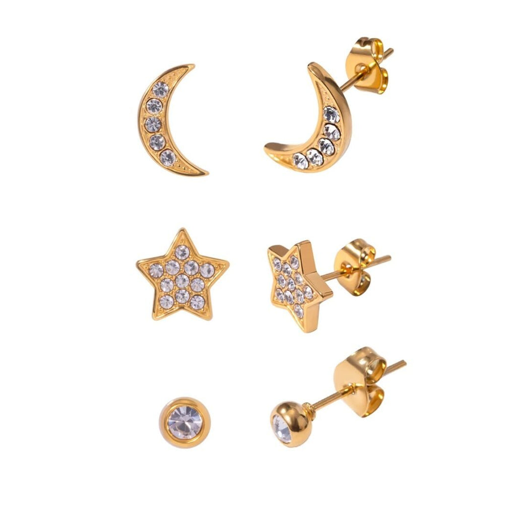 Moon Star Studs Set — moon and star zircon stud earrings in gold plating, front view