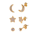 Moon Star Studs Set — moon and star zircon stud earrings in gold plating, front view