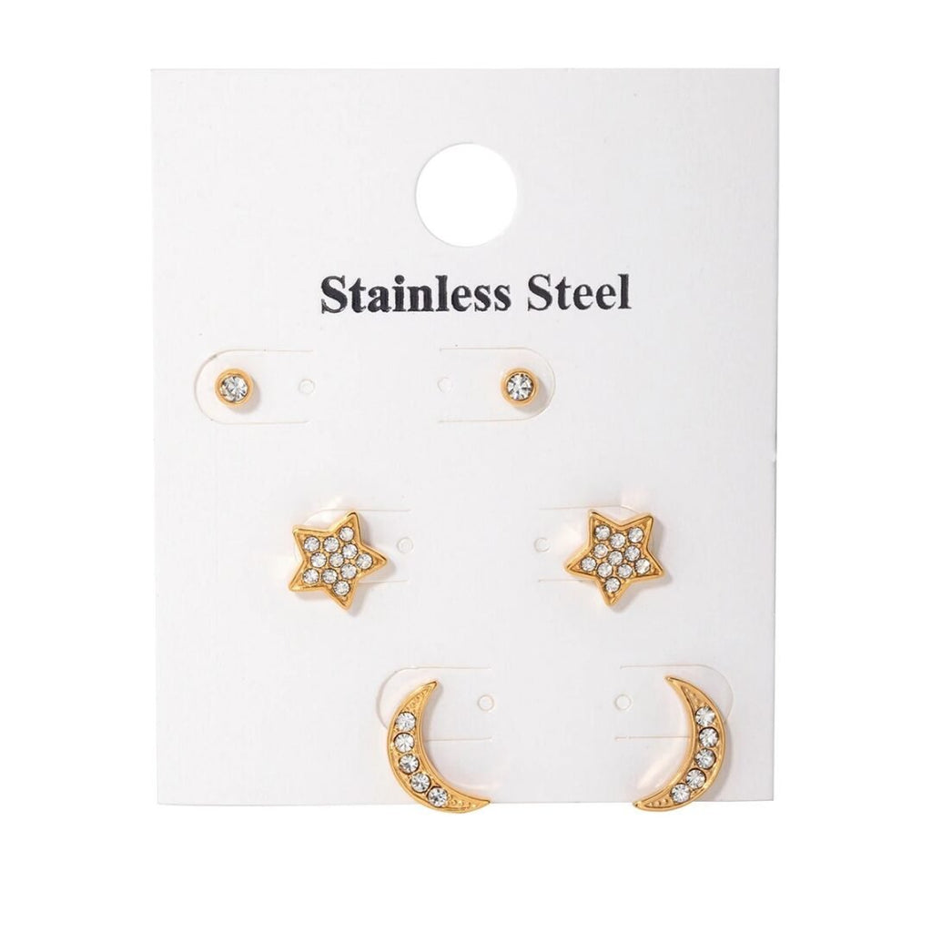 Moon Star Studs Set — zircon studs worn across multiple piercings