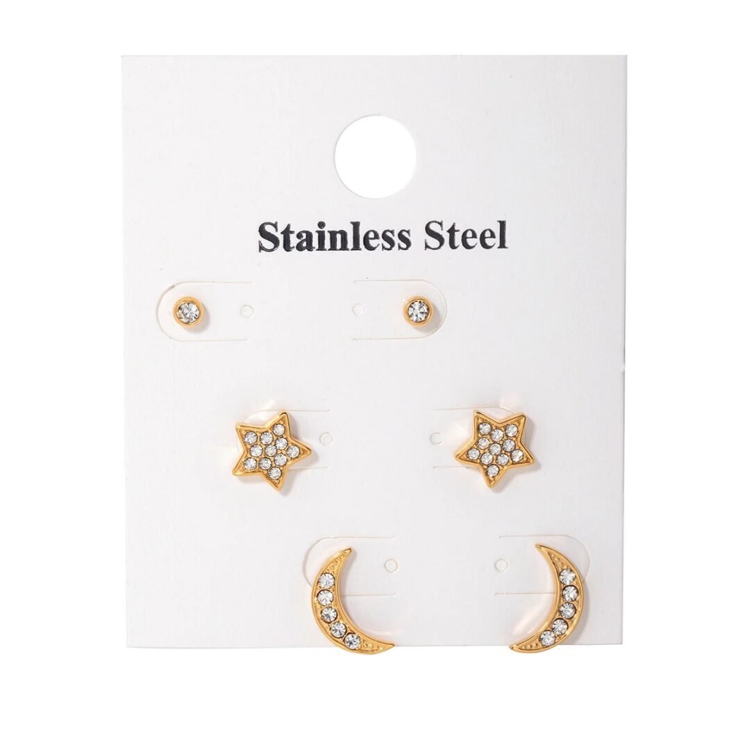Moon Star Studs Set — zircon studs worn across multiple piercings