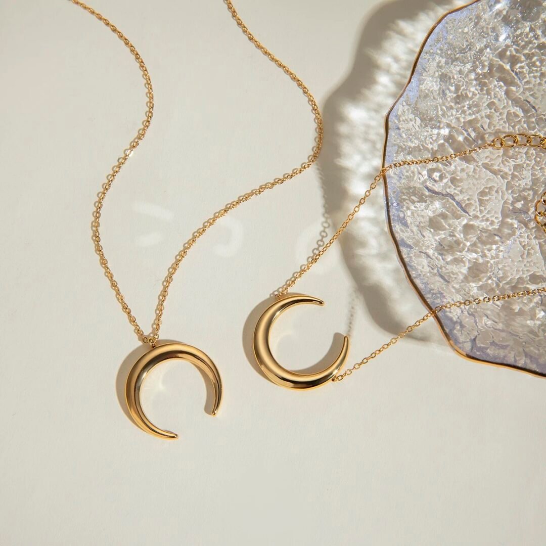 Half Moon Necklace — crescent pendant worn at the collarbone
