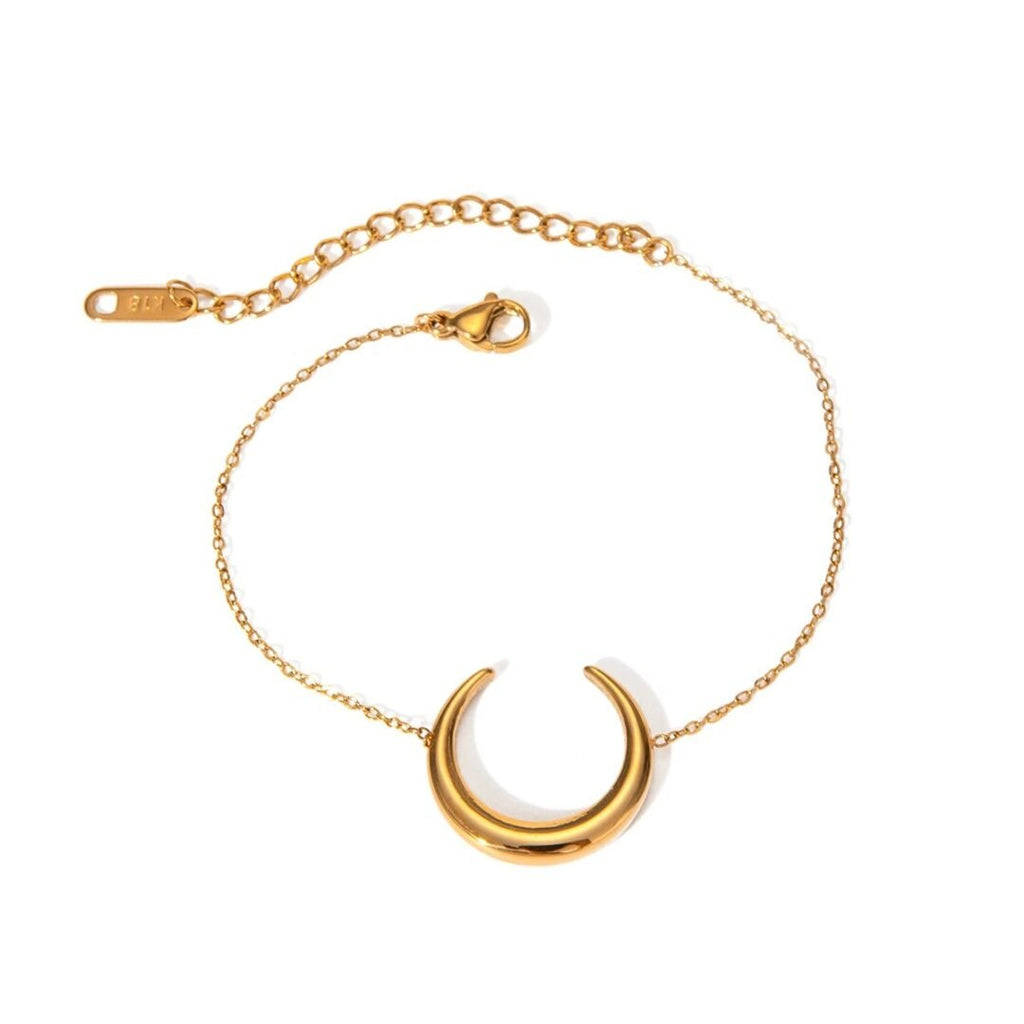Half Moon Bracelet Anklet — crescent motif chain in 18k gold-plated stainless steel, front view