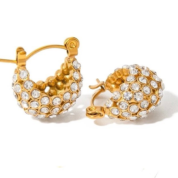 Belle Zircon Hoops — zircon-set gold hoop earrings in 18k gold-plated stainless steel, front view