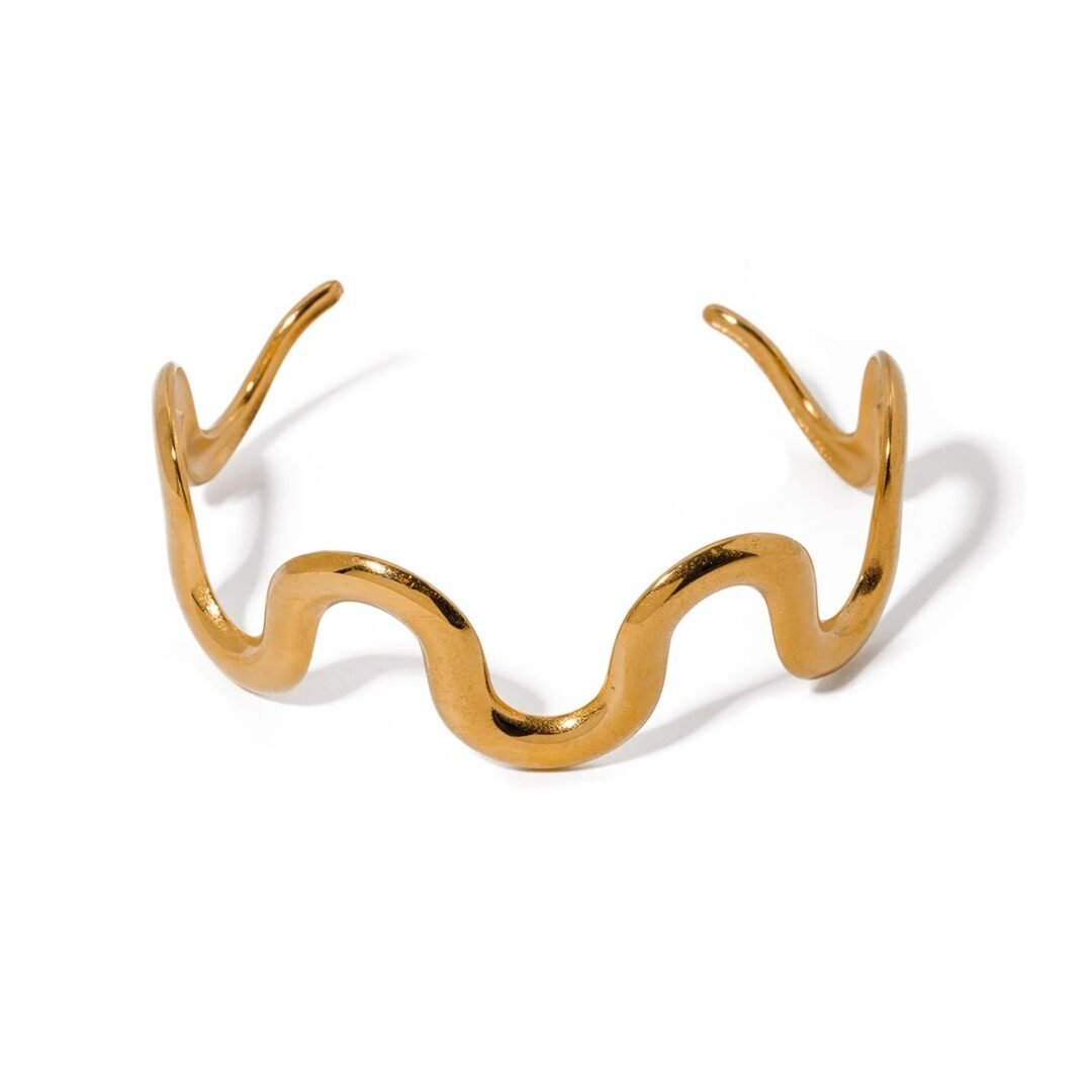 Wave Cuff — wave open cuff bracelet in 18k gold-plated stainless steel, front view