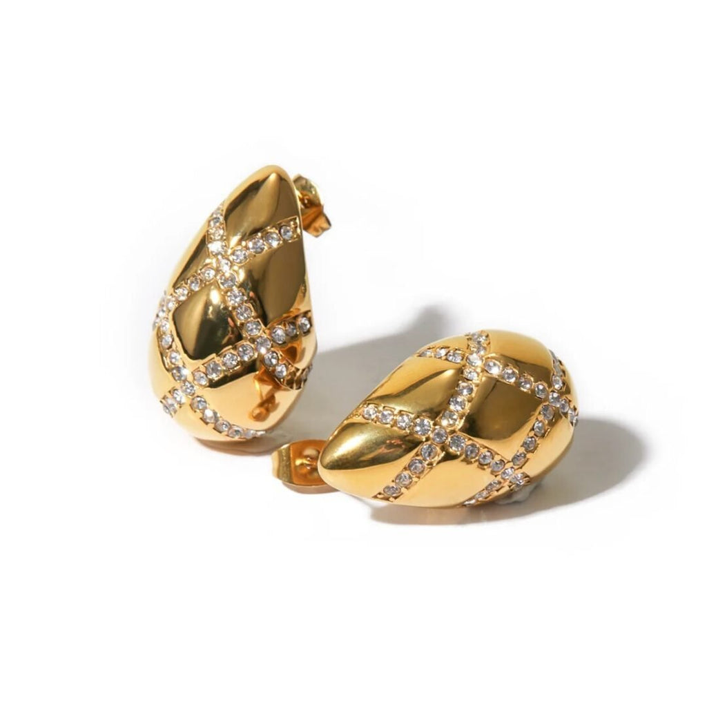 Diamond Bodega Earrings — zircon-set 18k gold-plated earrings, front view