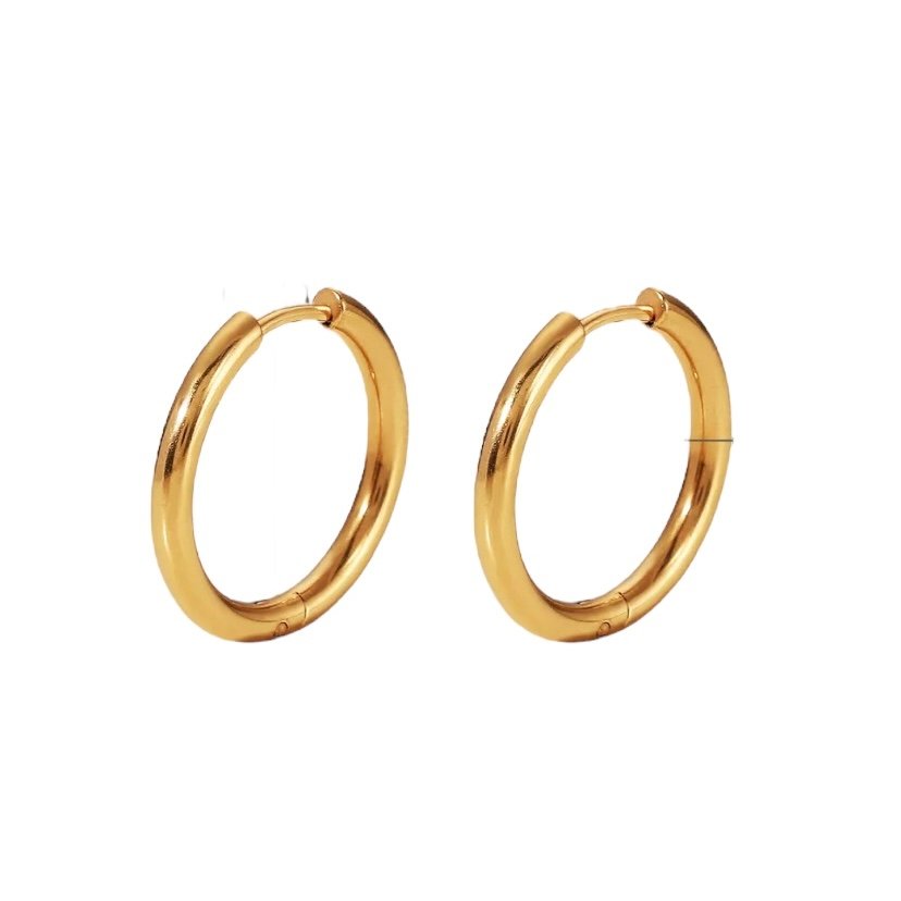 Gold Huggies 14mm — 14mm 18k gold-plated huggie hoop earrings, front view