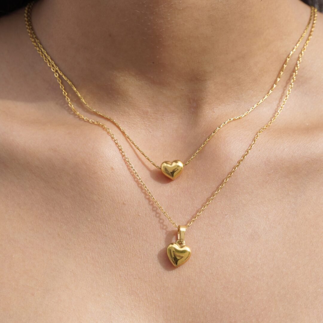 Heart of Gold — gold-plated heart necklace worn at the collarbone