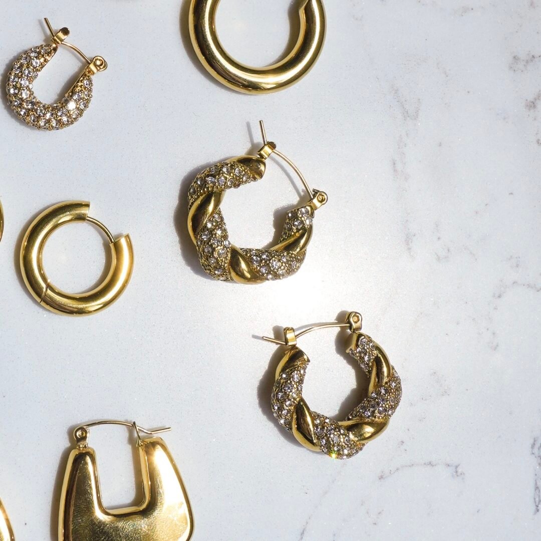Beverley Hoops — close-up of zircon stones set in gold-plated hoop