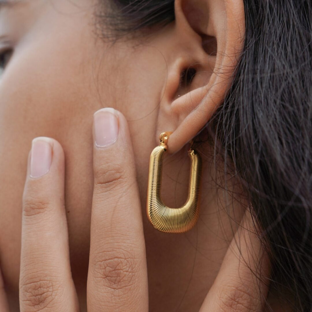 Vivian U Hoops — gold-plated U hoops worn on the ear