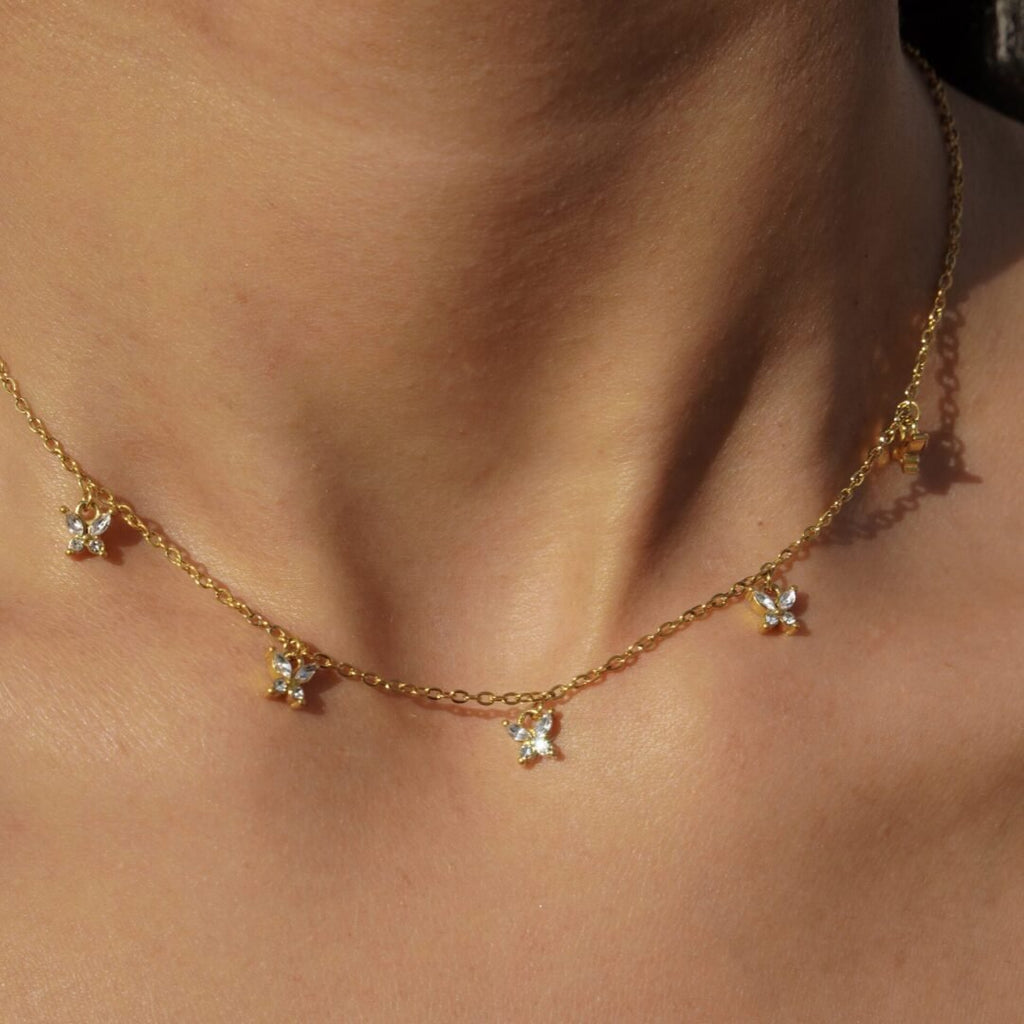 Flutter — zircon butterfly necklace in 18k gold-plated stainless steel, front view