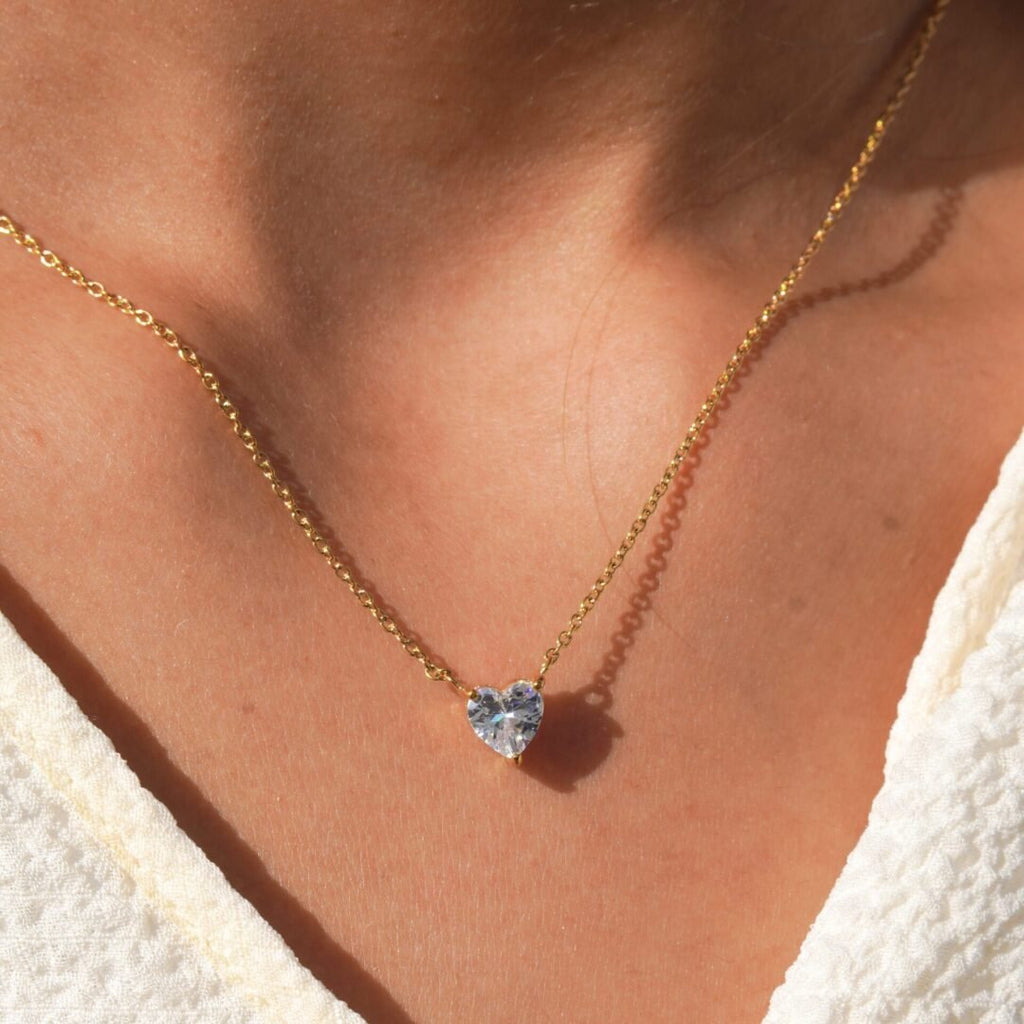 Gem Heart — gold-plated zircon heart necklace worn at the collarbone