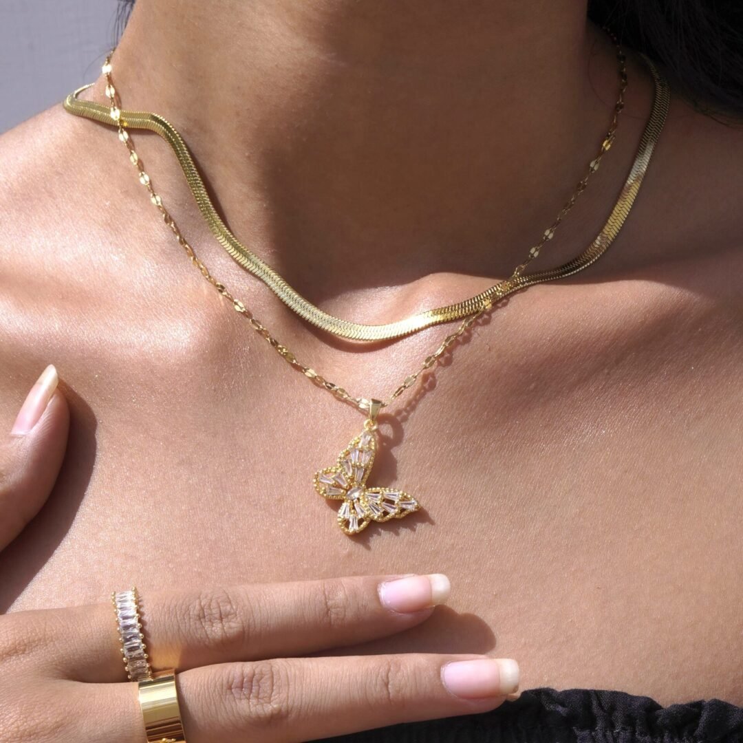 Crystal Butterfly — butterfly necklace worn at the collarbone