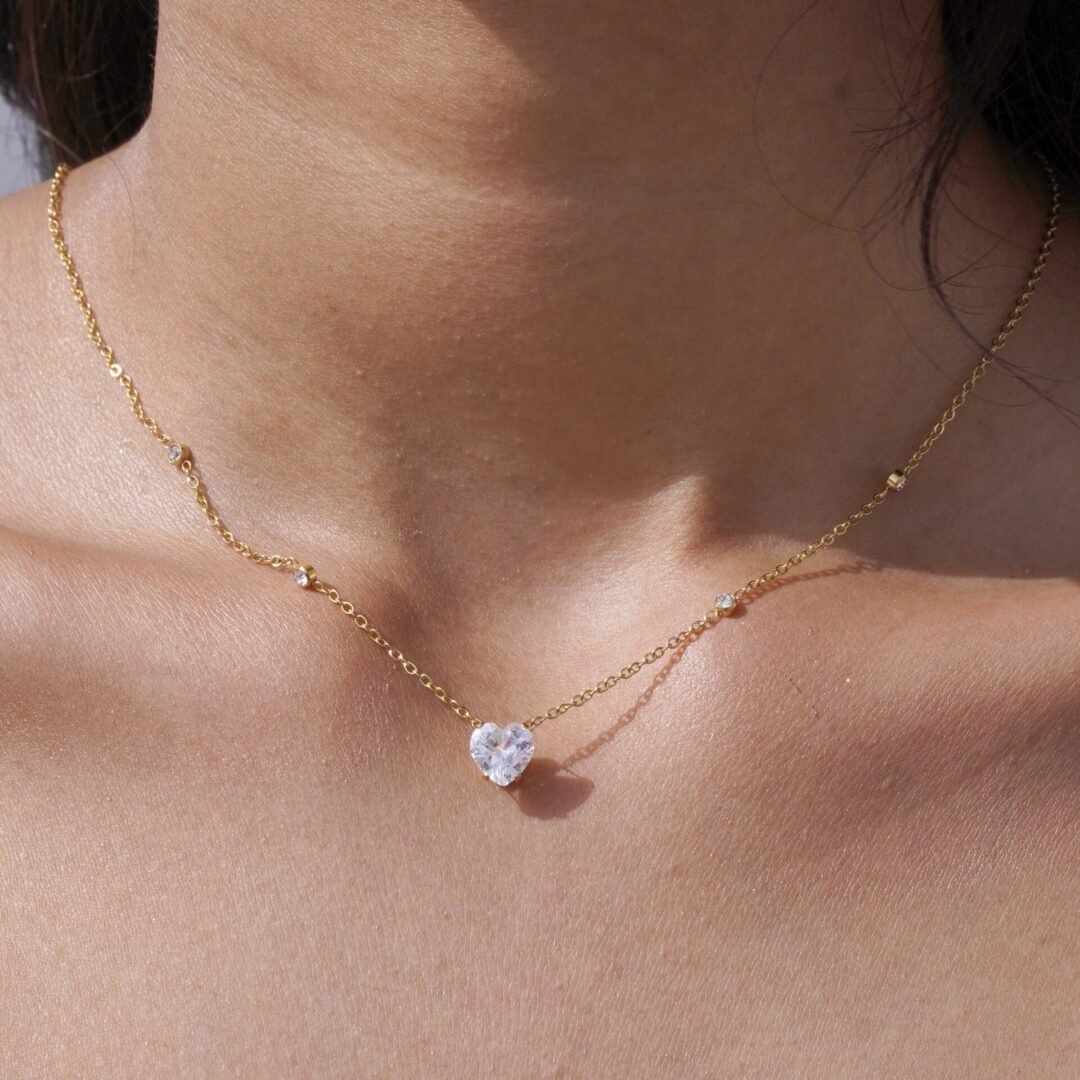 Zircon Heart Necklace — heart pendant worn at the collarbone