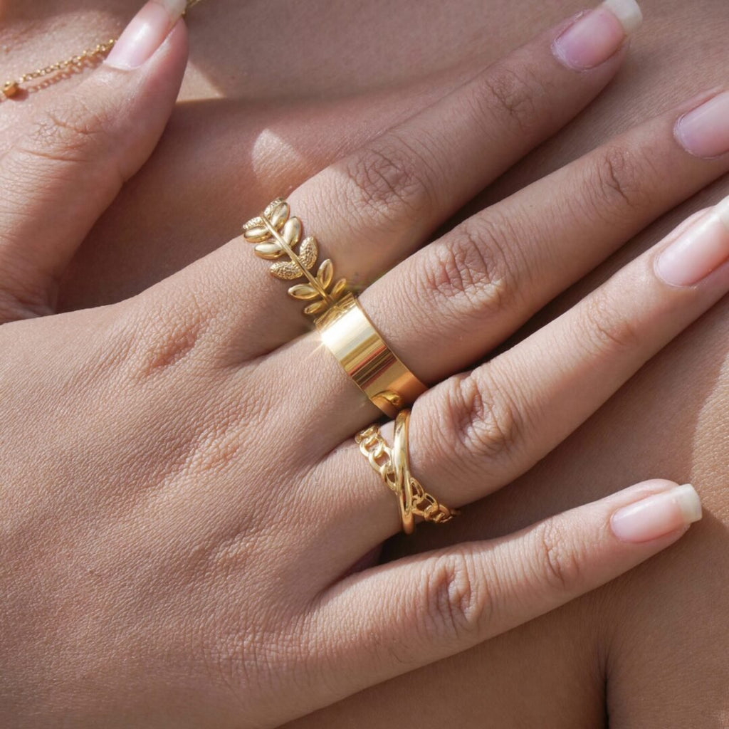 Twisted Vine Ring — gold-plated ring styled on the hand