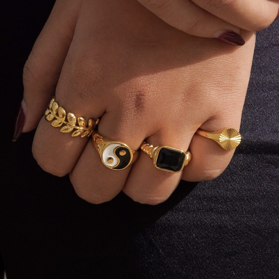 Obsidian Dolce Ring — black stone gold ring worn on the finger