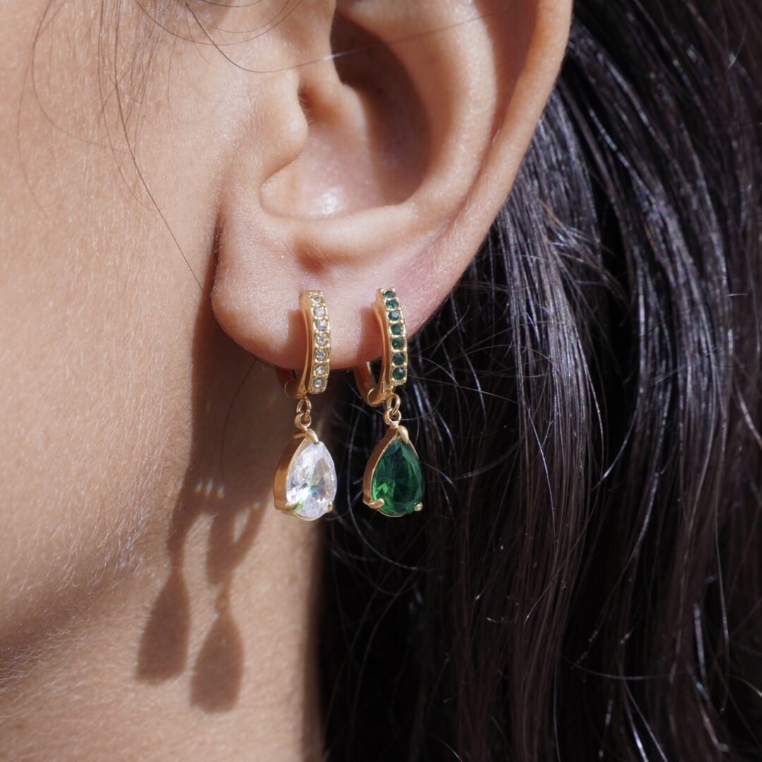 Tear Drop Green — green teardrop earrings worn on the ear