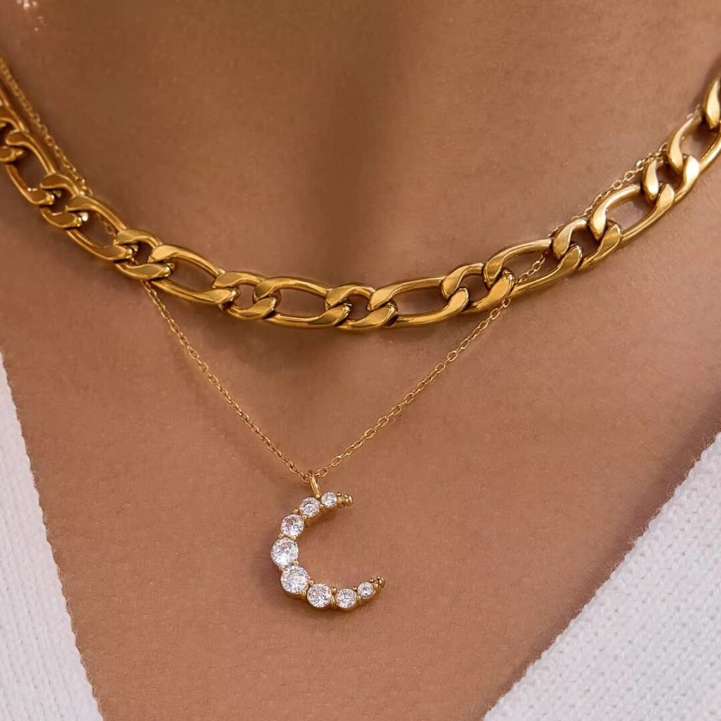 Luna — crescent moon necklace worn at the collarbone