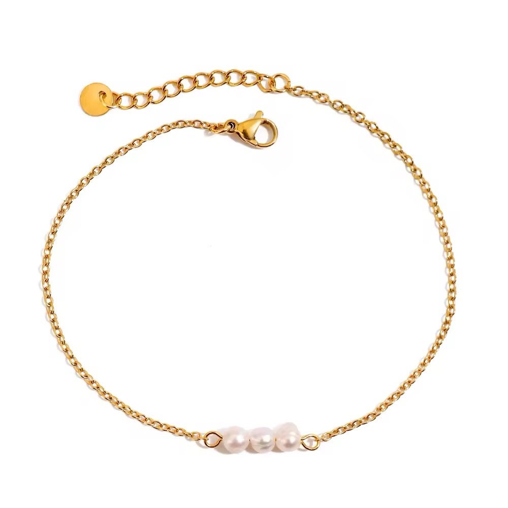 Pearls Anklet — imitation pearl and gold chain anklet in 18k gold-plated stainless steel, front view