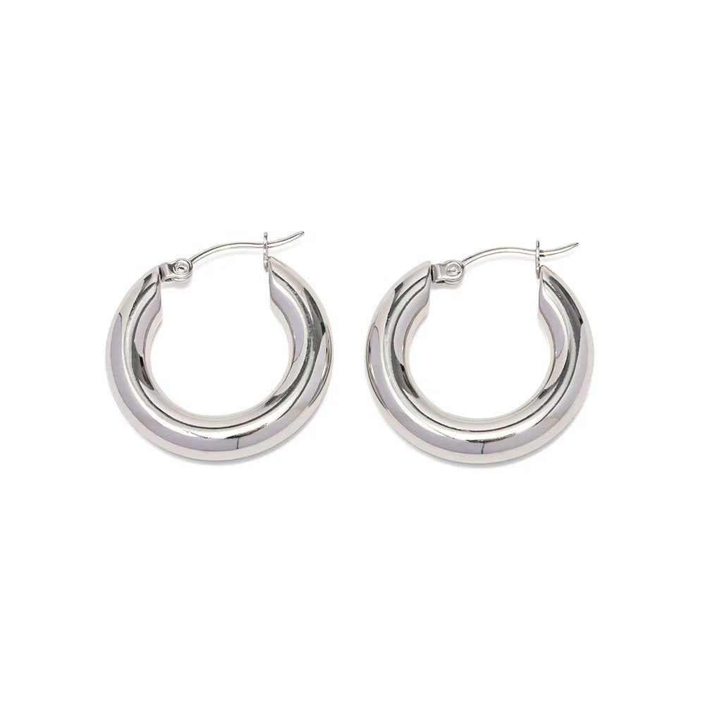 Medium Tube Hoops Silver — medium silver-plated tube hoop earrings, front view