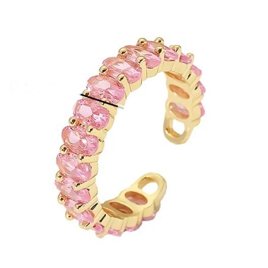 Icy Ring Pink — adjustable pink zircon ring in 18k gold-plated brass, front view