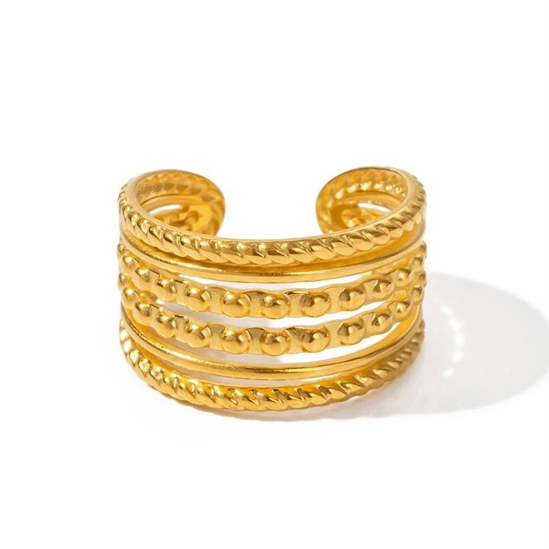 Boho Ring — adjustable open-form ring in 18k gold-plated stainless steel, front view