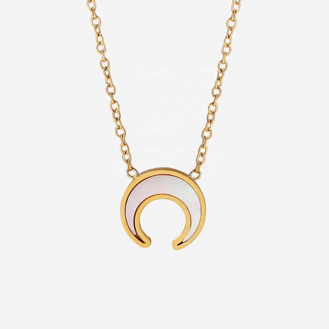 White Moon — white shell stone pendant necklace in 18k gold plating, front view