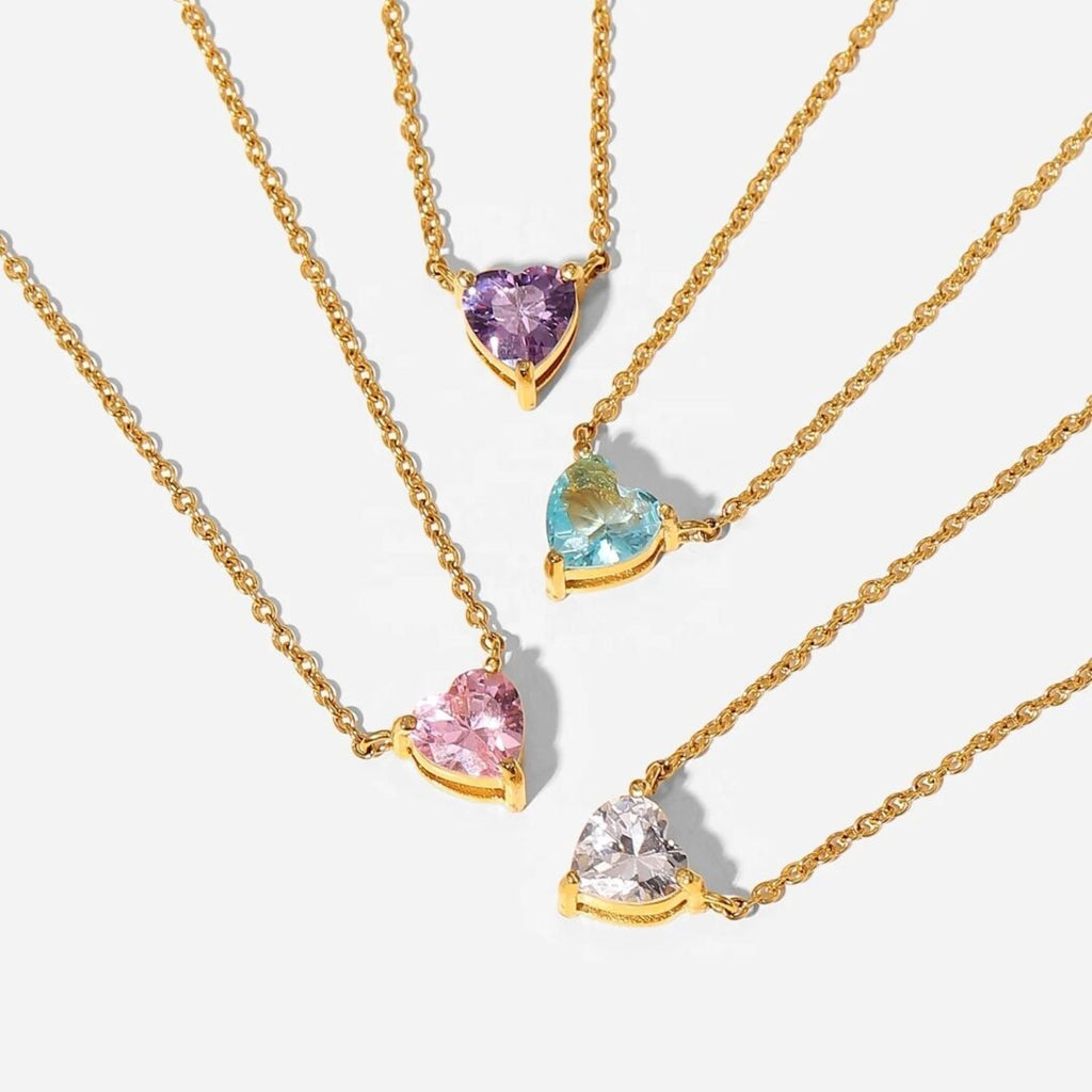 Gem Heart — zircon heart pendant necklace in 18k gold-plated stainless steel, front view