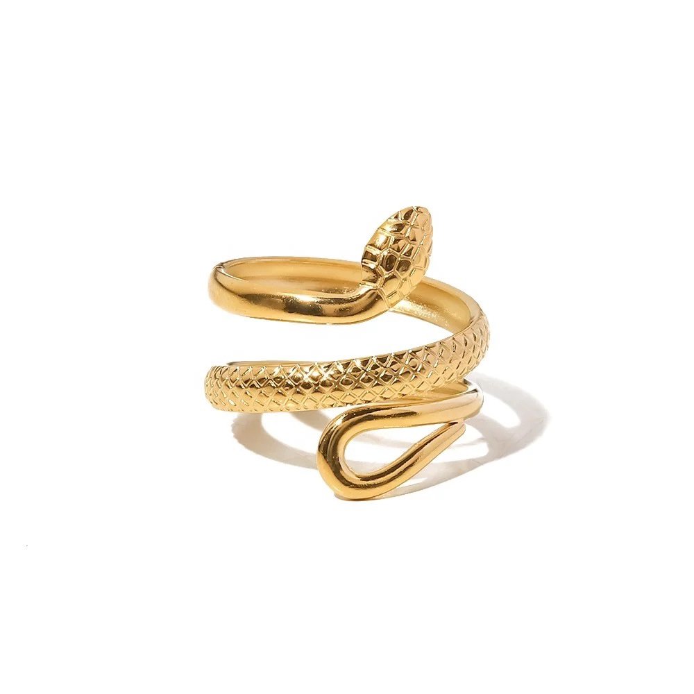 Cobra — adjustable snake-form ring in gold-plated stainless steel, front view