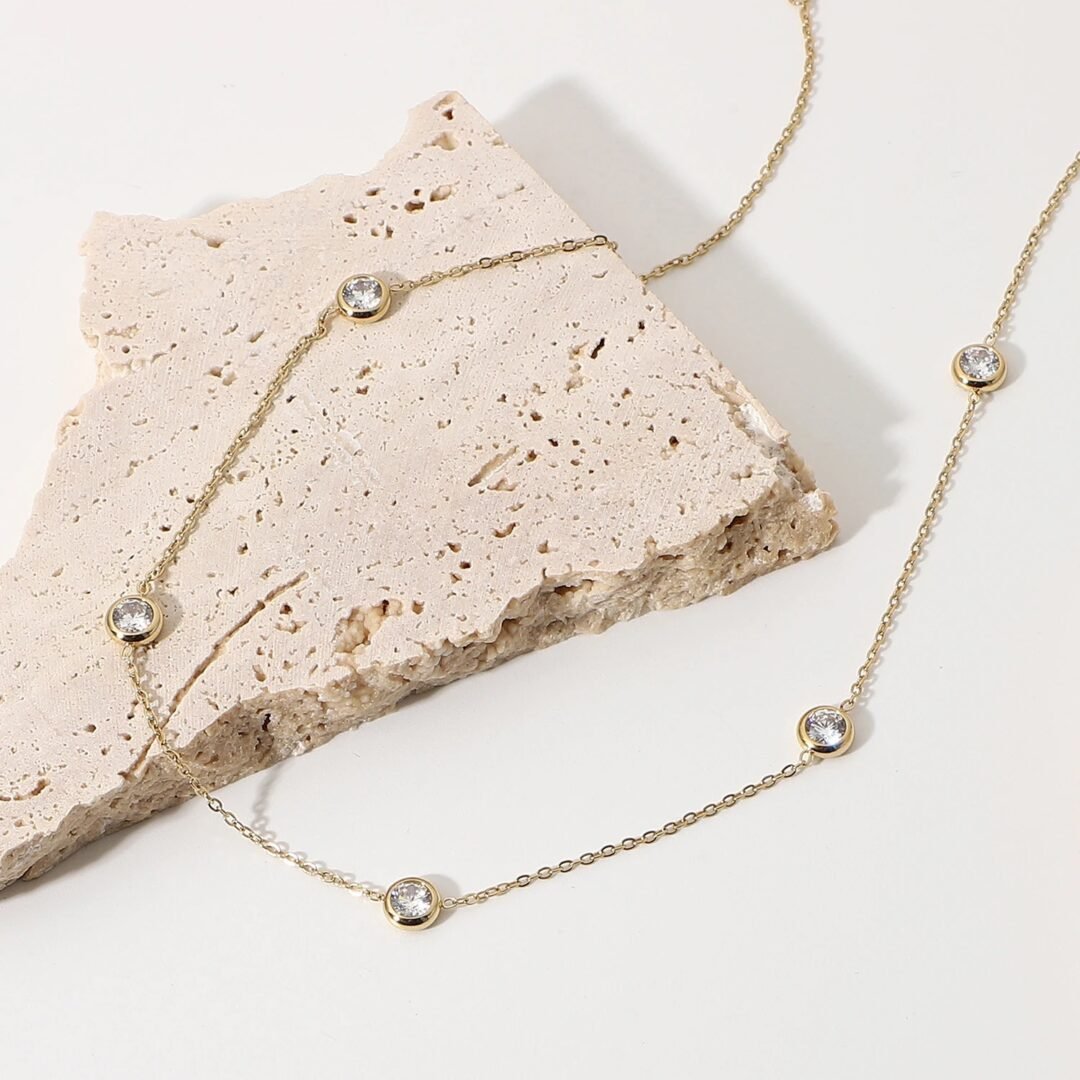 Jewel — close-up of white zircon setting on fine chain