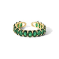 Icy Ring Green — adjustable green zircon ring in 18k gold-plated brass, front view