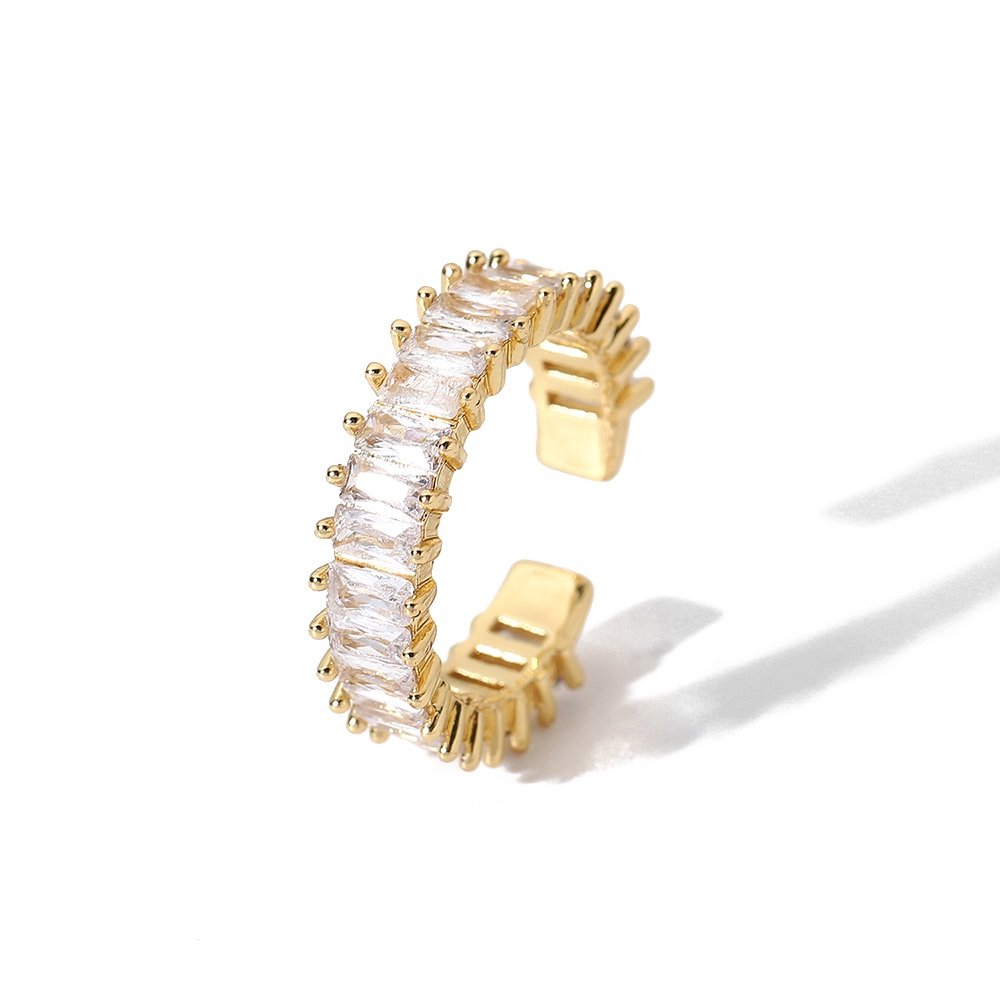 Crystal Ring — adjustable faceted zircon ring in 18k gold-plated brass, front view