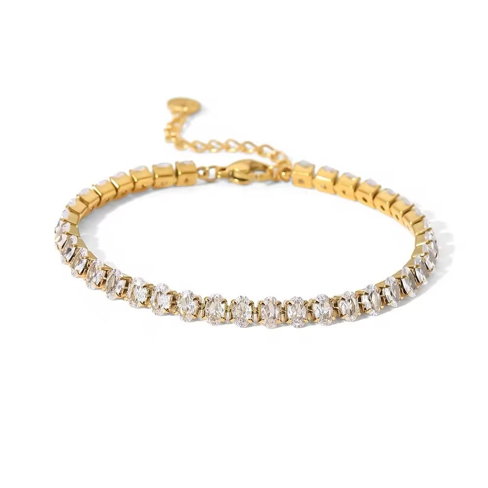Oval Tennis Bracelet — oval-cut zircon tennis bracelet in 18k gold plating, front view